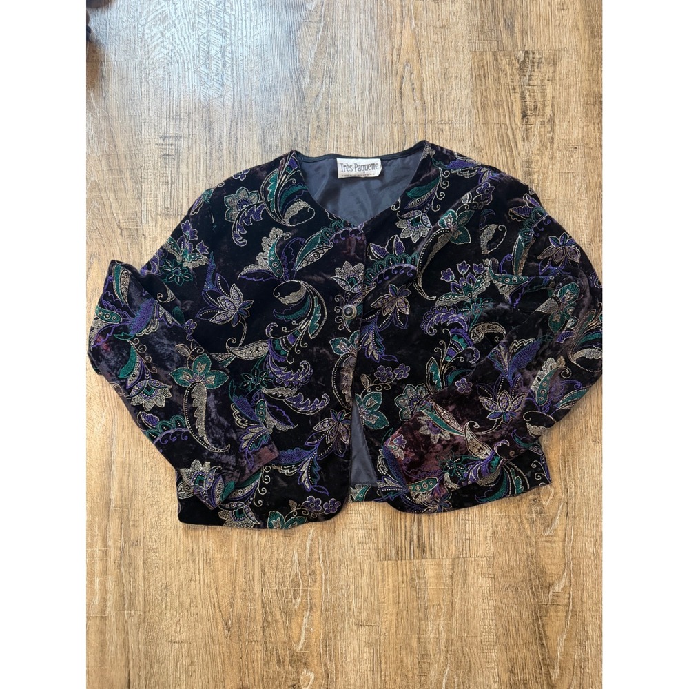 Tres Paquette Byer California Velvet Paisley Embroidered Cropped Jacket Black L